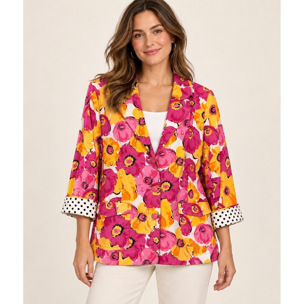Joan Rivers Womens 22W Pink Orange Floral Cotton Spandex Blazer Jacket A230583